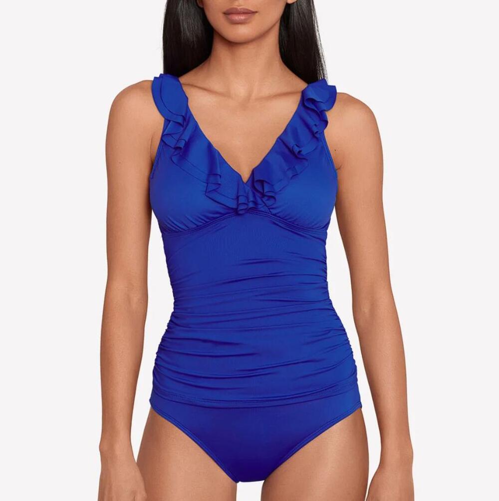 LAUREN RALPH LAUREN Women's Ruffle Surplice One Piece Swimsuit Sz 6 In Sapphire